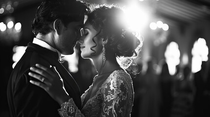 Wedding of a Mexican couple in love, black and white photo with high contrast. Concept: celebration photo shoot, emotions and relationships between lovers - obrazy, fototapety, plakaty