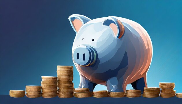 Illustration of a piggy bank with stacks of coins on blue background with space for text.
