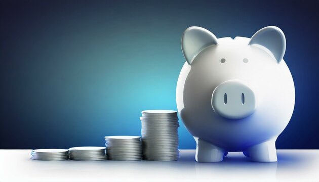 Illustration of a piggy bank with stacks of coins on blue background with space for text.
