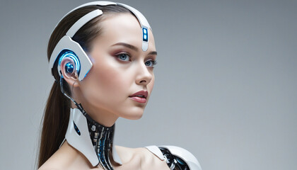 Cybernetic woman with an artificial intelligence driven android head embodied the cutting-edge of AI and digital science. Futuristic science and technology. Artificial intelligence. 
