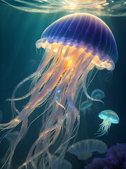 Medusa con brillo iridiscente en la profundidad del mar donde rayos de sol atraviesan el agua. AI Generativa - 768264934