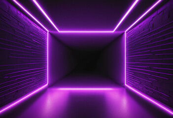Neon light abstract background. Semicircle tunnel or corridor violet neon glowing lights. Laser lines and LED technology create glow in dark room. Cyber club neon light stage room. - obrazy, fototapety, plakaty