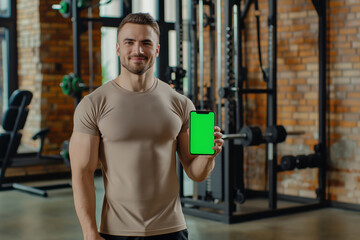 Smiling muscular man fitness trainer shows phone with green screen, sport lifestyle, training, technology