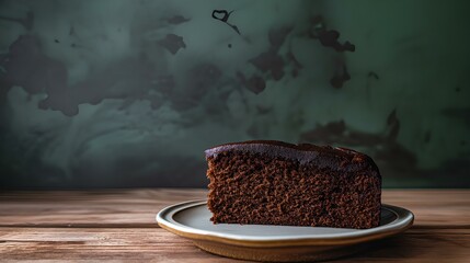a slice of moist chocolate cake on porcelane plate on a worn wooden table. dark greenish wall in the background. generative AI