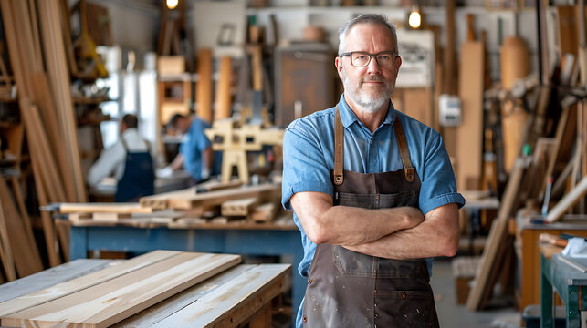 The image depicts a person in a woodworking shop