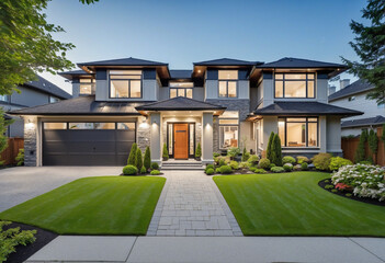 A spacious, high end residence with a meticulously designed front yard and driveway leading to the garage, located in the suburban area of Vancouver, Canada. - obrazy, fototapety, plakaty