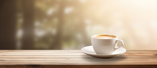 Fototapeta premium Warm cup of coffee placed on a rustic wooden table with a cozy ambiance