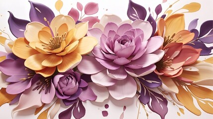 Watercolor liquid flowers in yellow and mauve shades   - obrazy, fototapety, plakaty