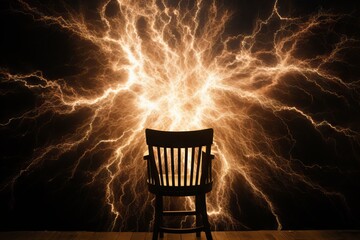 Illustration of an electric chair in an abandoned room, engulfed in lightning.
Concept: Mystical scenes and horrors of execution, electric voltage sentence, psychological thrillers - obrazy, fototapety, plakaty