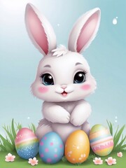 Fototapeta premium Cute holiday greeting card illustration for Easter with a cute cartoon Easter bunny. Happy Easter cute poster, banner art design