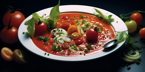 Delicious lunch served with plate of gazpacho soup and toast, Bowl of tomato soup with a basil on wooden background