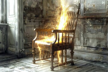 Illustration of an electric chair in an abandoned room, engulfed in lightning.
Concept: Mystical scenes and horrors of execution, electric voltage sentence, psychological thrillers