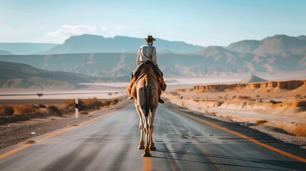 pessoa andando de camelo pelas estradas - obrazy, fototapety, plakaty