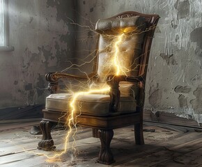 Illustration of an electric chair in an abandoned room, engulfed in lightning.
Concept: Mystical scenes and horrors of execution, electric voltage sentence, psychological thrillers