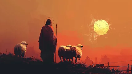Fototapeten  ilustração minimalista de Jesus com ovelhas © Alexandre