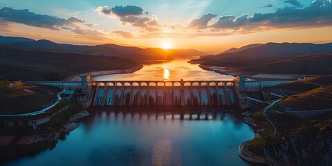 Sunset at hydroelectric dam warm light reflects off water symbolizing clean renewable energy generation. Concept Renewable Energy, Hydroelectric Dam, Sunset Photography, Clean Energy Generation - obrazy, fototapety, plakaty