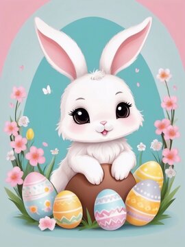 Cute holiday greeting card illustration for Easter with a cute cartoon Easter bunny. Happy Easter cute poster, banner art design