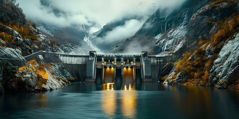 Panoramic view of a hydroelectric dam showcasing energy production and environmental preservation through innovative technology. Concept Hydroelectric Power, Dam Infrastructure, Energy Innovation - obrazy, fototapety, plakaty