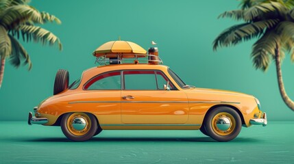 Funny orange retro car with summer vacation accessory on green background 3D Rendering, 3D Illustration