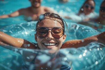 Fototapeta premium Young trendy people having fun swimming in summer vacation