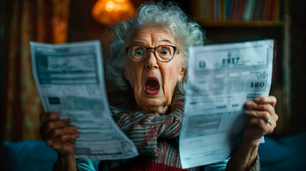 Sad, confused surprised, shocked senior old woman disgusted at monthly statement. An elderly mature woman senior screams and gets sad because of the increase in utility bills for light. - obrazy, fototapety, plakaty