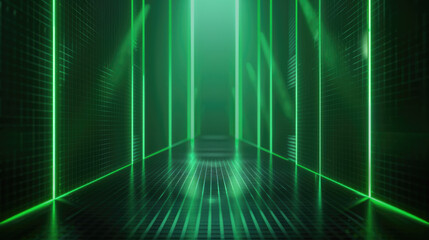 Modern tunnel with grid of green laser light, abstract futuristic dark garage background. Theme of studio, metaverse, room interior, perspective, technology