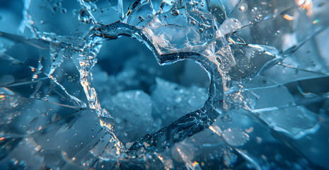 Heart shape hole in broken blue glass background. Loneliness, Broken love, divorce, couple breakup concept