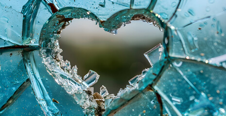 Heart shape hole in broken blue glass background. Loneliness, Broken love, divorce, couple breakup concept