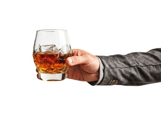 Side view of a hand holding a glass of whiskey on a transparent background.
