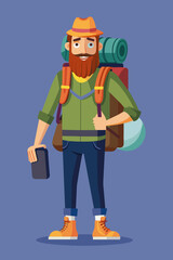 Obraz premium Vector illustration of a backpacker with a lot of stuff on its back.