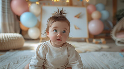 baby playing at birthday party with ballons as background