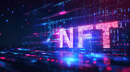 Obraz premium Neon NFT in cyber space, modern token on abstract digital background. Theme of blockchain, non-fungible, crypto art, data, code, technology.