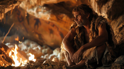Fototapeta na wymiar Neanderthal man sits by fire in cave, portrait of caveman near bonfire against primitive art, life of people in prehistoric era. Concept of ancient, Stone Age
