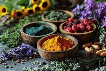 Holistic medicine concept, healthy food eating, dietary supplements, healing herbs and flowers. Turmeric, dried lavender, spirulina powder in wooden bowls, fresh berries, omega acid capsules - obrazy, fototapety, plakaty