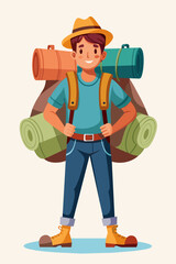Fototapeta premium Vector illustration of a backpacker with a lot of stuff on its back.