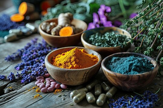 Holistic medicine concept, healthy food eating, dietary supplements, healing herbs and flowers. Turmeric, dried lavender, spirulina powder in wooden bowls, fresh berries, omega acid capsules