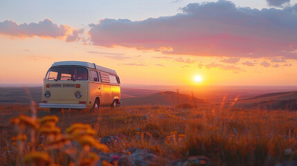  Vintage camper van in beautiful nature at sunset, A concept of freedom, adventure, and the joy of travel - obrazy, fototapety, plakaty
