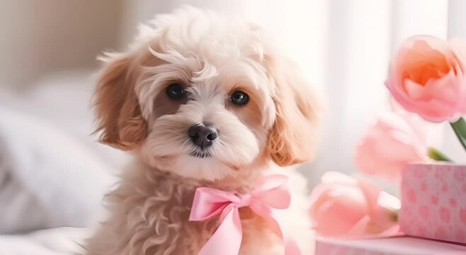Cute beige poodle puppy with a pink bow posing next to tulips and gifts in a home setting with copy space. Concept for pets and spring holidays themes, mother's day 