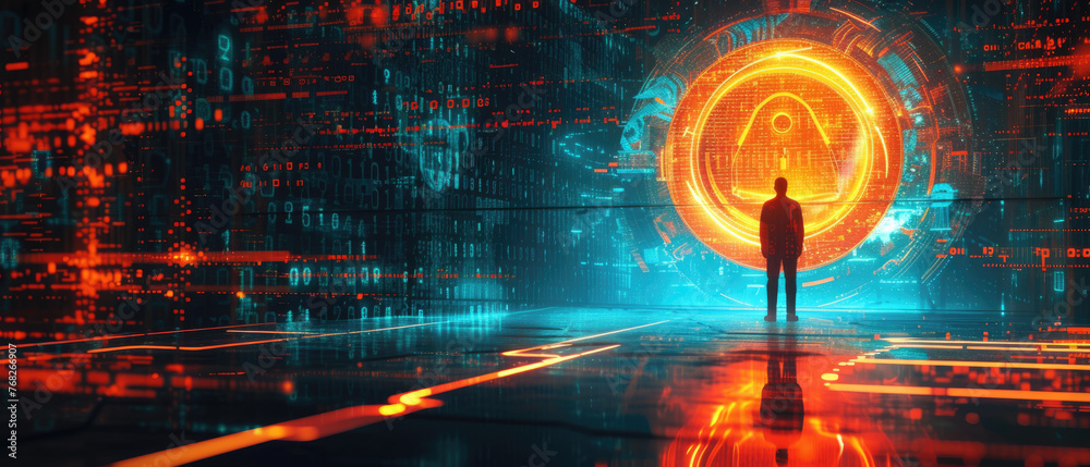 Poster man silhouette on digital data background, banner with abstract network information. theme of ai, cy