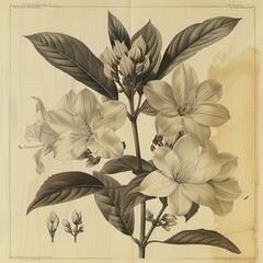 Vintage Botanical Illustration of White Flowers. Sepia-toned illustration of blooming white flowers with lush leaves.