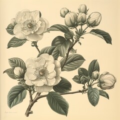 Vintage Botanical Illustration of White Flowers. Sepia-toned illustration of blooming white flowers...