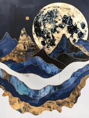 A painting depicting towering mountains under a full moon, shining brightly in the night sky