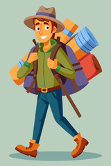 Vector illustration of a backpacker with a lot of stuff on its back.