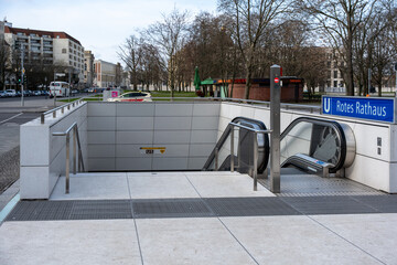 Descent into the Red Town Hall subway at Alexanderplatz, Berlin, Germany. Close-up of the descent...