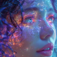 Psychic Waves y gaming. Stellar Gaze. Close-up of a woman's face adorned with cosmic elements and starlight.