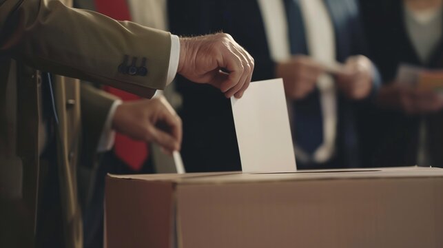 Man in suit makes a gesture with finger, placing ballot in wooden box
