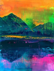 A painting depicting a grand mountain range under a vibrant rainbow-filled sky, showcasing the beauty of natures wonders
