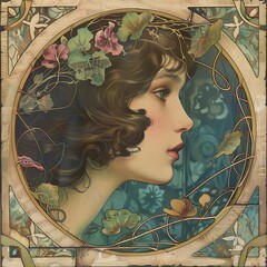 Reminiscent of Art Nouveau. Art Nouveau Essence. Profile of a woman in art nouveau style surrounded by intricate botanical motifs.