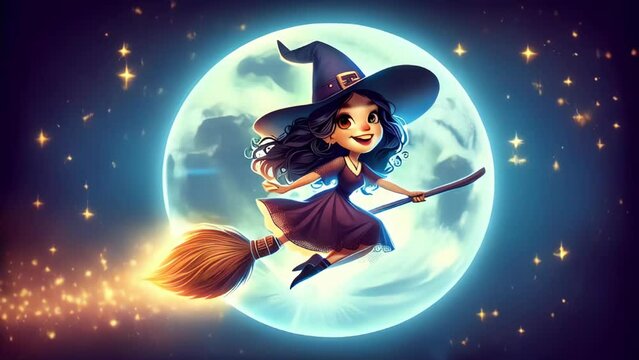 Cute witch flying on her broomstick