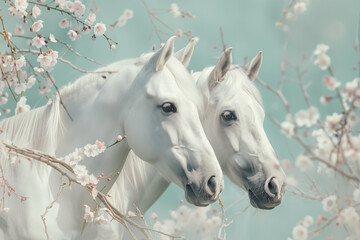 Two white horses  surrounded the white spring flowers on a mint background - 768267510